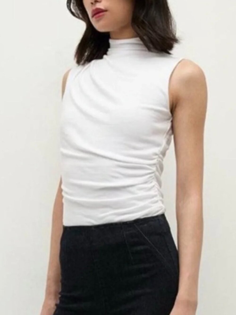 Veronica Beard Mylie Mock Neck Sleeveless Top, Ruched Side in White